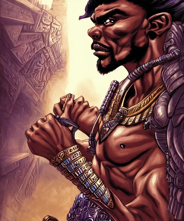 Image similar to a ( fantasy comic ) ( cover art ) portrait of a ( egyptian warrior ) who looks like ( keith david in they live ), digital illustration by tomoyuki yamasaki and sana takeda and kentaro miura, fine inking lines, vivid colors, dnd, photorealistic, hd, 4 k, trending on artstation