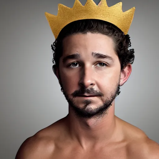 Image similar to HQ photo face picture of Shia Labeouf sitting on a throne wearing a golden crown