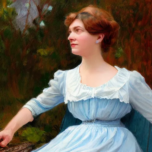 Image similar to portrait painting of a lady wearing a light blue dress 1 9 0 0 s, light, airy, garden, photorealistic, extreme detail, sharp focus, 8 k, intricate, hyper detailed, realistic, cinematic lighting