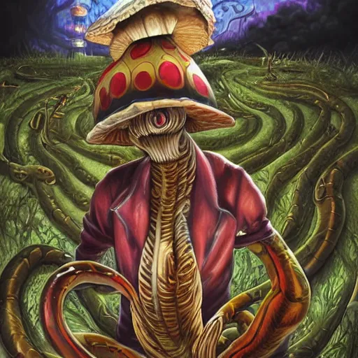 Image similar to A centered chest up portrait of a psychedelic demonic anthropomorphic snake smoking a hand-rolled cigarette smoking heavily , magic mushroom village in background , award winning. superb resolution. in the art style of junji Ito and greg rutkowski . Detailed Mushroom city in background. Hyper realistic anime. Perfect art. Dalle2