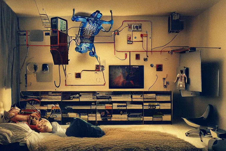 Image similar to IKEA catalogue photo, cyberpunk teenager bedroom, screens, TVs, monitors, robots, by Beksiński