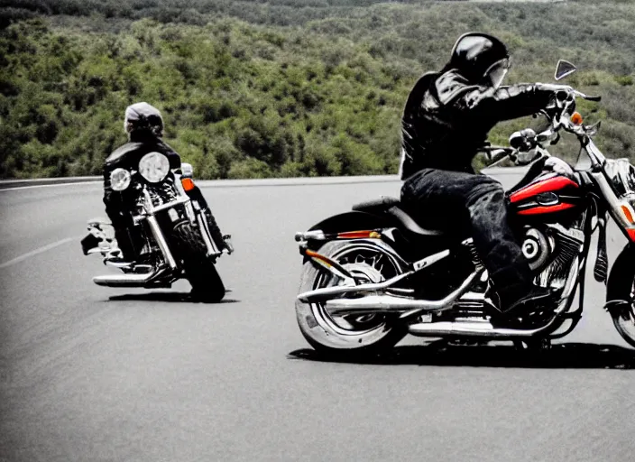 Image similar to harley davidson motorbike driving on the freeway. iso 1 0 0. low camera view. retro photo