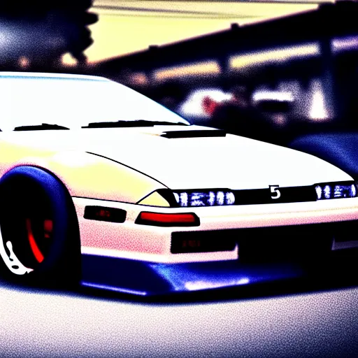 Image similar to a car 300ZX turbo drift at illegal car meet, Chiba prefecture, city midnight mist lights, cinematic lighting, photorealistic, highly detailed wheels