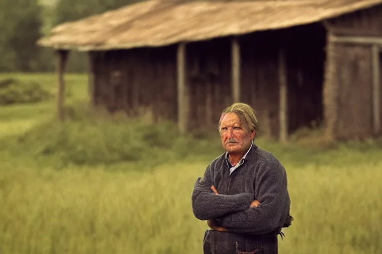 Prompt: a cinematic headshot portrait of a farmer, stood outside a wooden cabin, movie still, shallow depth of field, ultra realistic, dramatic lighting, by annie leibovitz