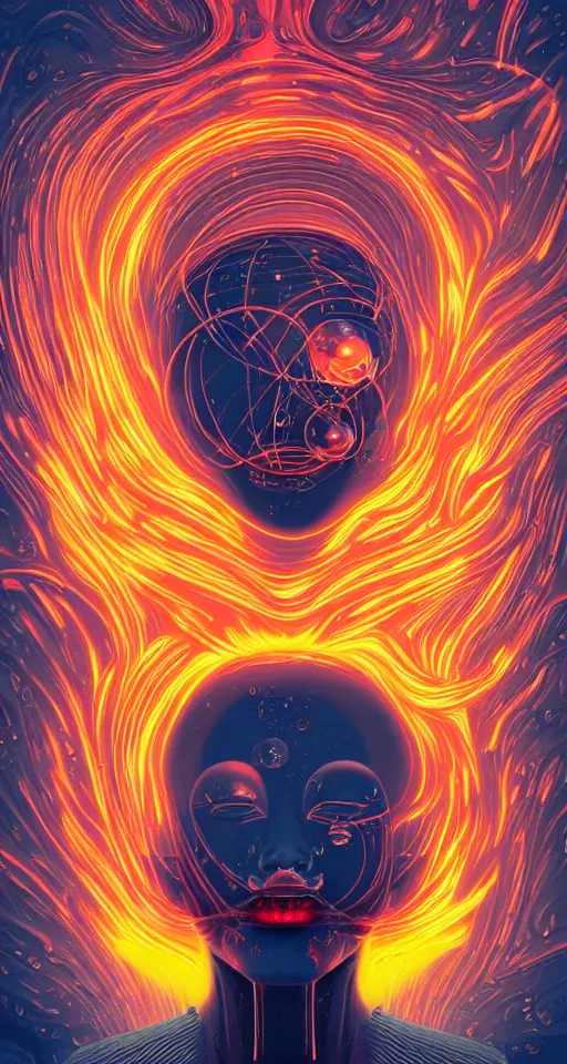 Prompt: art deco close up portait of stylish head with big mouth surrounded by spheres and flames, rain like a dream digital painting curvalinear clothing cinematic dramatic fluid lines otherworldly vaporwave interesting details epic composition by artgerm anton pieck