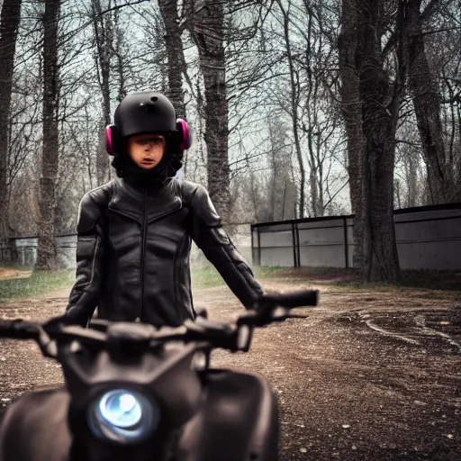 Prompt: a girl dressed in cyberpunk gear sits on a motorbike in a dystopian landscape, 5 0 mm lens, f 1. 4, sharp focus, ethereal, emotionally evoking, head in focus, volumetric lighting, blur dreamy outdoor,