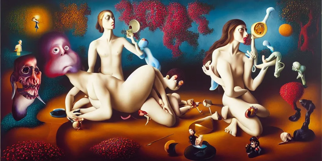 Image similar to the three imaginary fates pleasure dream adventure love abstract oil painting by gottfried helnwein pablo amaringo raqib shaw