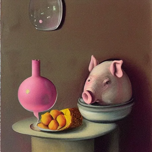 Image similar to “a portrait in an art student’s apartment, a feminine pig in a bubble bath, pork, ikebana white flowers, white wax, squashed berries, acrylic and spray paint and oilstick on canvas, by munch and Dali”