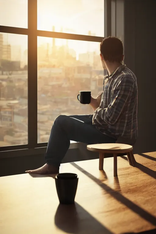 Image similar to a man sitting on a café table mext to a window and holding a cup of coffee at sunset, anime style, Pixar style, black hair, 4K, cartoon, concept art, octane render, unreal engine 5, path tracing, complementary colours, serene scene, warm, cute, natural lighting, high quality, highly detailed, high coherence, defined face, five fingers, anatomically correct, soft lighting