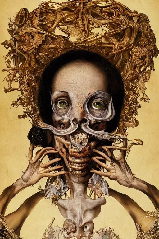 Image similar to Detailed maximalist portrait with large lips and with large wide eyes, surprised expression, surreal extra flesh and bones, HD mixed media, 3D collage, highly detailed and intricate, illustration in the style of Caravaggio, dark art, baroque