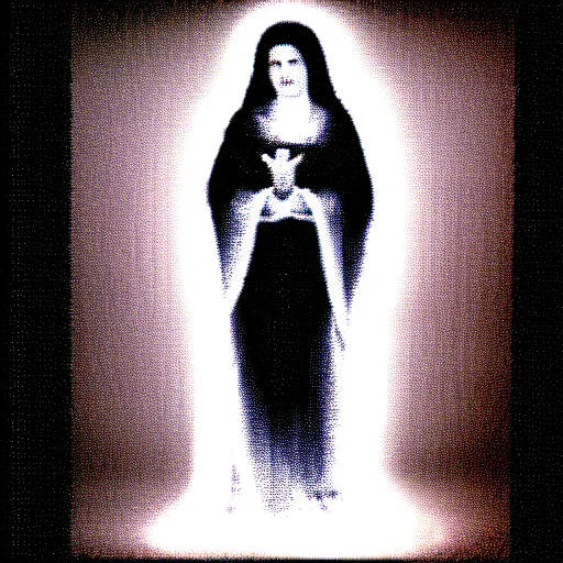 Image similar to vhs static overlay of marian apparition, vhs, 1 9 9 0, highly realistic, highly detailed, vhs noise static, black and white, vhs glitch