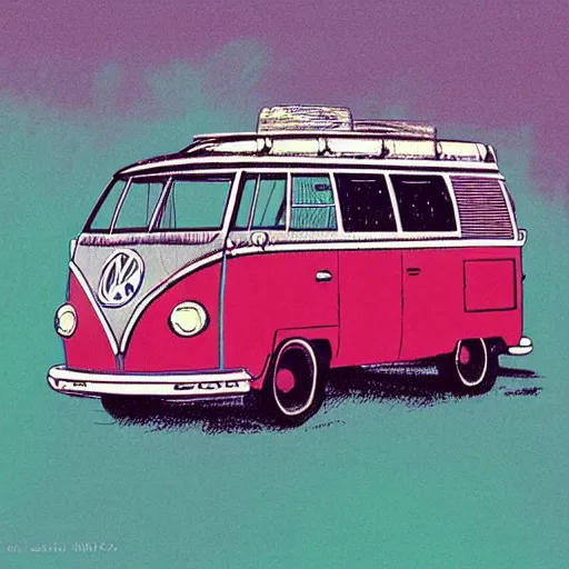 Image similar to illustration of an old van volkswagen, may 6 8, pastel colors, cool, hippie by victo ngai