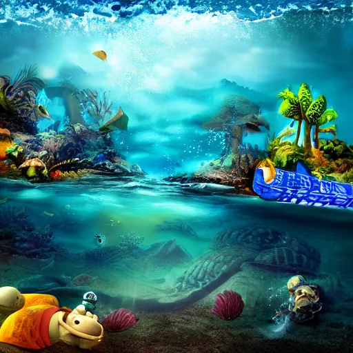 Prompt: professional underwater beach photo similar to level of donkey kong country, by discovery magazine, real life, photorealistic, soft focus, long exposure