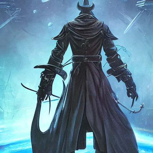 Image similar to hunter from bloodborne in a retrofuturistic space station, retrofuturism, concept art by yoshiyuki tomino, behance contest winner, toonami, redshift, official art