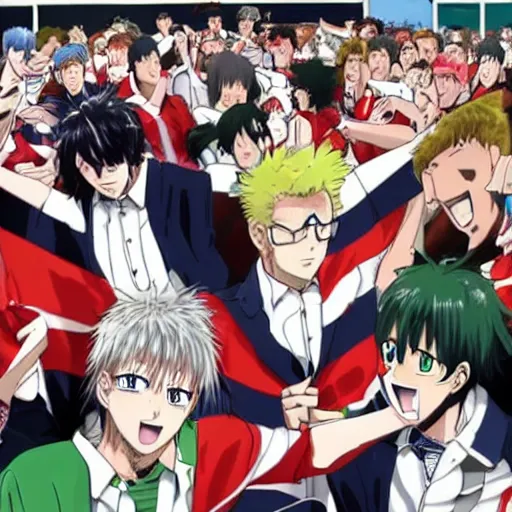 Prompt: drunk English football fans in a 2012 JUMP anime