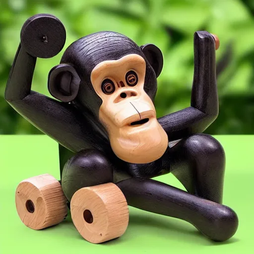 Prompt: mechanical wooden toy chimpanzee