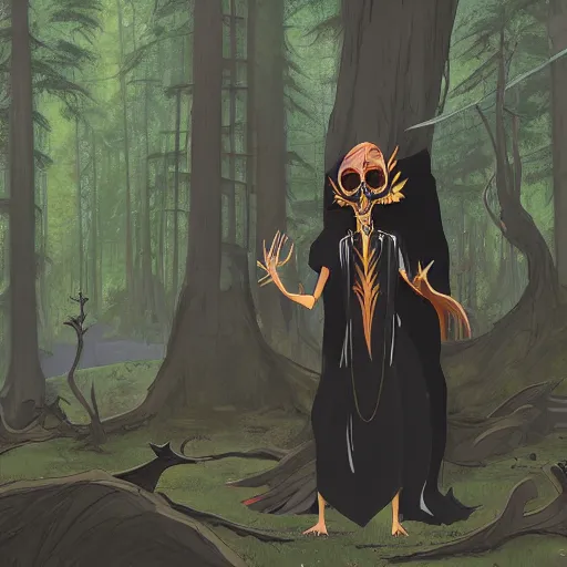 Image similar to concept art painting of an anthropomorphic dragon king with black robes, a long neck, and skull mask, in a deep forest, cel shaded, in the style of makoto shinkai and james gurney and studio ghibli and moebius