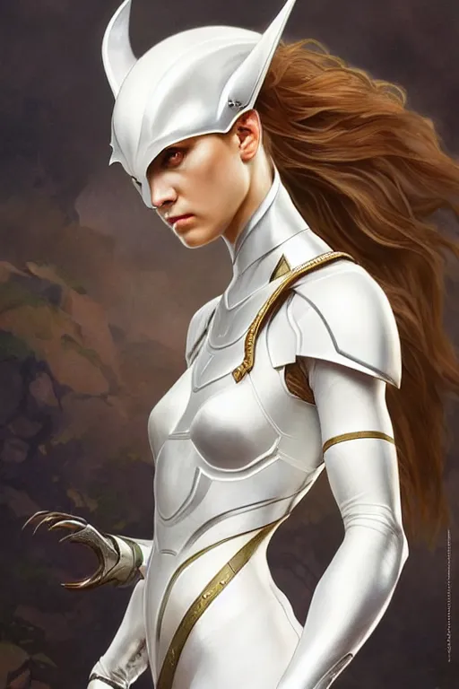 Image similar to portrait of strong caracal wearing white clothes. smooth silver armour, deep focus d & d fantasy, elegant porcelain highlights, by artgerm and greg rutkowski and alphonse mucha