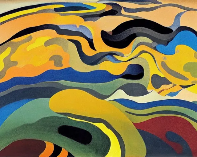 Prompt: A wild, insane, modernist landscape painting. Wild energy patterns rippling in all directions. Curves, organic, zig-zags. Saturated color. Mountains. Clouds. Rushing water. Wayne Thiebaud. Charles Burchfield. Zao Wou-ki.