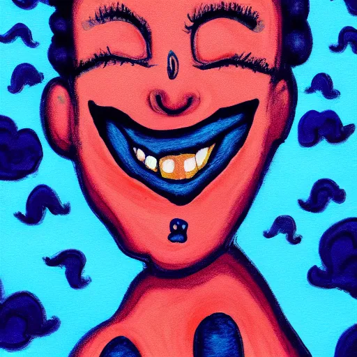 Image similar to wipsy clouds shaped like a vampire womans face with an ear-to-ear mouth, pointy teeth, nightime, blue pallete, an old suburban house, 4k