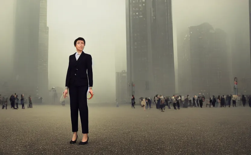 Image similar to a wide shot of a woman with a wool suit, very short hair, blurred face, wearing an omega speedmaster on her wrist in front of a crowded dystopian city full of people walking at night with fog and cyberpunk lights