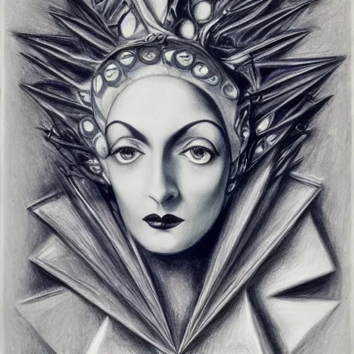 Prompt: Norma Desmond, pencil drawing. El Greco, Remedios Varo, Salvador Dali, Carl Gustav Carus, John Atkinson Grimshaw. Blue tint. Symetrical, logo, geometric shapes.