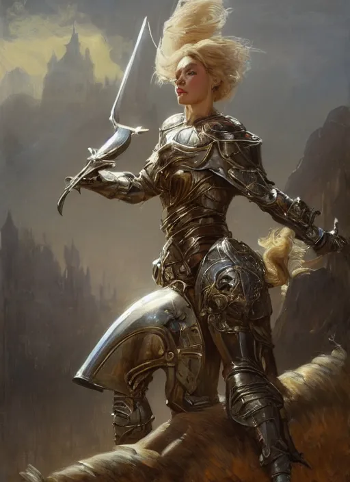 Image similar to short muscular blonde woman wearing medieval armour, detailed by gaston bussiere, bayard wu, greg rutkowski, giger, maxim verehin, greg rutkowski, masterpiece, sharp focus, cinematic lightning