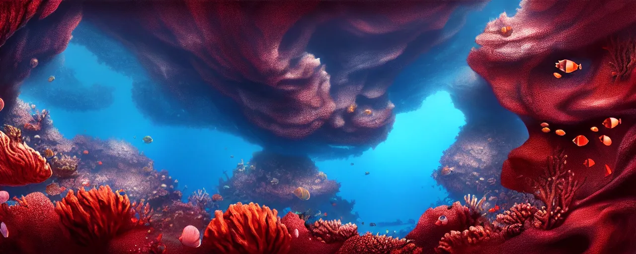 Image similar to A gorgeous detailed oil of a dark red sea covered in big blue steep rocks, a school of piranhas underwater, the further away the mistier it gets, surreal, concept art, dark aesthetic, atmospheric, moody, hyperrealism, highly detailed, masterpiece, award winning, 4k, unreal engine