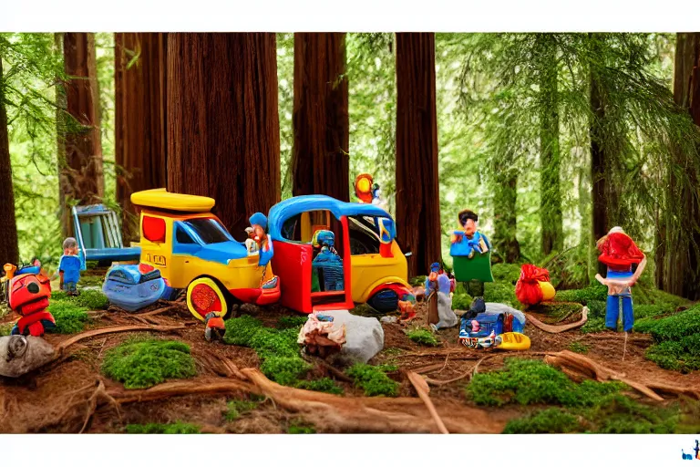 Image similar to fisher price redwood forest, california scene from tv show hyper detailed 5 5 mm 8 5 mm, toy photography