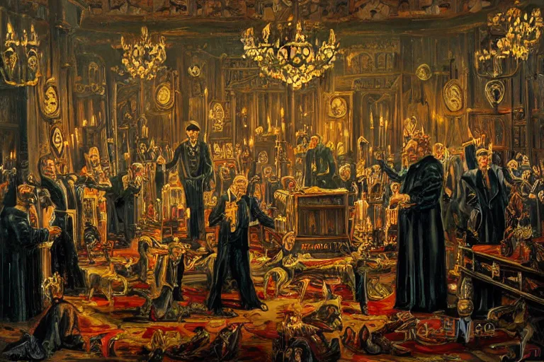 Prompt: a dark sinister ritual at a freemason temple, oil painting, highly detailed