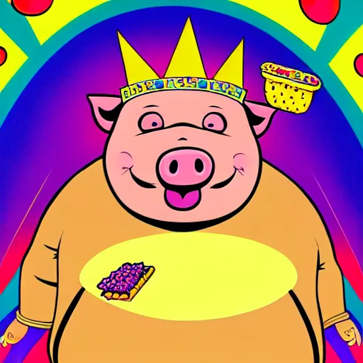 Prompt: trippy comic art of a obese pig wearing a gold crown throwing snack bags into the air, drawn by mike judge, colors by lisa frank, unstirred paint, vivid color, cgsociety 4K