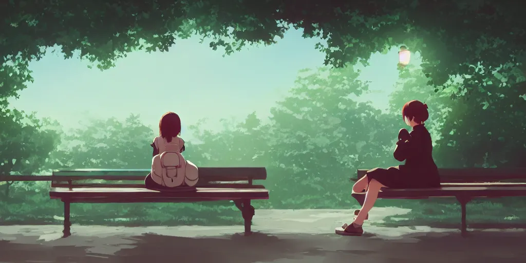 Image similar to lonely girl sitting on a bench waiting at a train station, evening, detailed matte painting, low angle view, telephoto lens, bokeh, studio ghibli, artstation