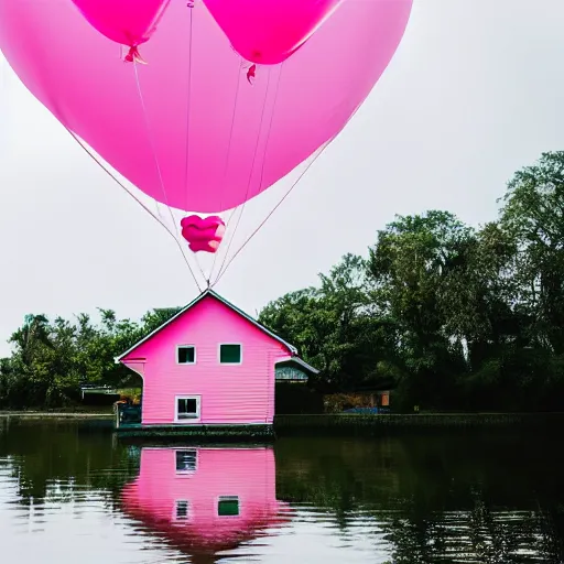 Image similar to a 5 0 mm lens photograph of a cute pink floating modern house, floating in the air between clouds, inspired by the movie up, held up from above by a heart - shaped ballon. mist, playful composition canon, nikon, award winning, photo of the year