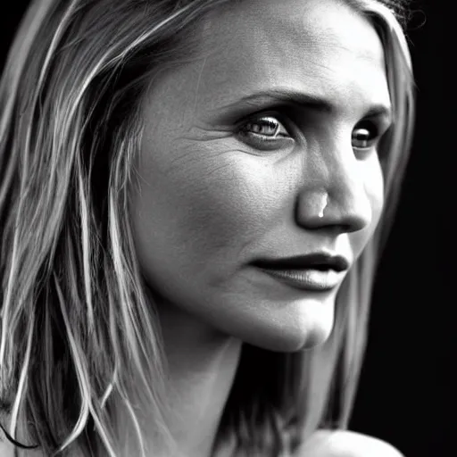 Prompt: close - up 2 0 year old cameron diaz, moody lighting, 8 k, shallow depth of field, cinematic lighting,