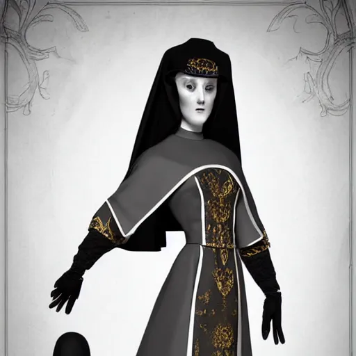 Prompt: female character design inspired by venice carnival and nun outfit | | concept art, gray