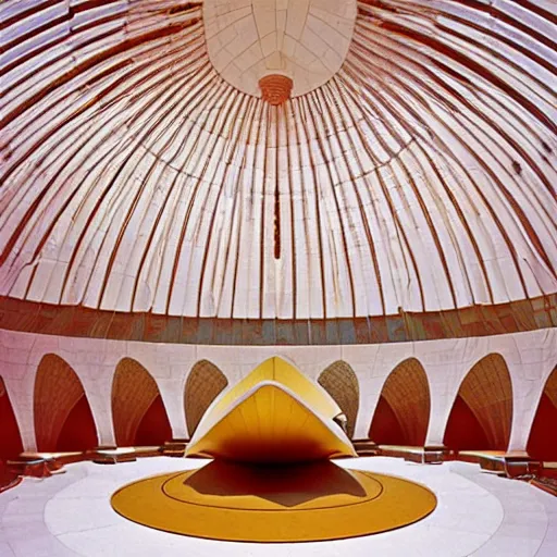 Image similar to interior of a futuristic lotus temple with gold, red and white marble panels, in the desert, by buckminster fuller and syd mead, intricate contemporary architecture, photo journalism, photography, cinematic, national geographic photoshoot