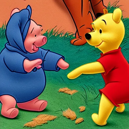 Prompt: winnie the pooh pulls piglet out tigger. a portable x - ray is nearby.