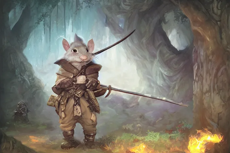 Image similar to dungeons and dragons fantasy painting, portrait of an ashigaru mouse with a rifle, whimsical and cute, determined expression, watery eyes, anime inspired by krenz cushart, light grey fur, tufty whiskers, bamboo forest, dawn lighting, by brian froud jessica rossier and greg rutkowski