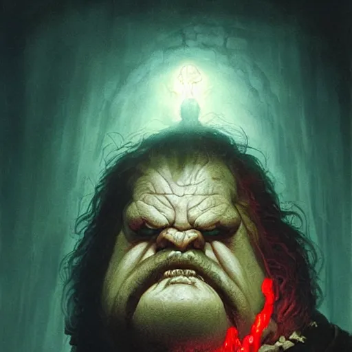 Image similar to head and shoulders portrait of a bloated blind dwarf with red glowing eyesockefs, d & d, fantasy, greg rutkowski, frank frazetta, alexandre chaudret, boris vallejo, michael whelan, miro petrov, hr giger, magali villeneuve, donato giancola