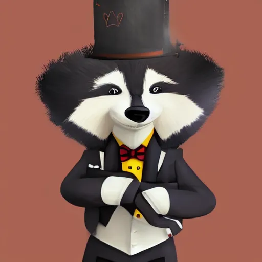 Prompt: anthropomorphic furry badger wearing a tuxedo at a train station , Artstation