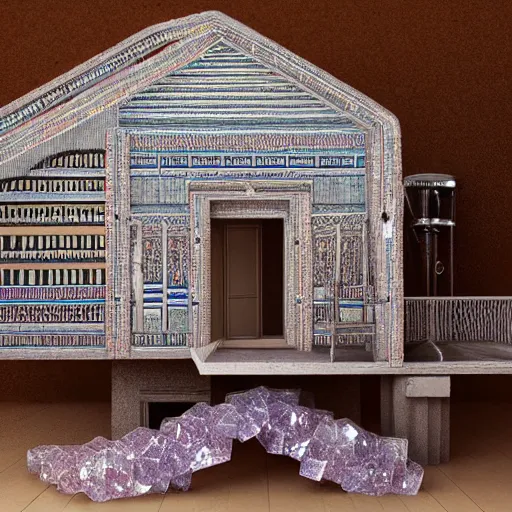 Image similar to egyptian art of a chalet made of crystals and feathers 8K 3D and hyperrealistic