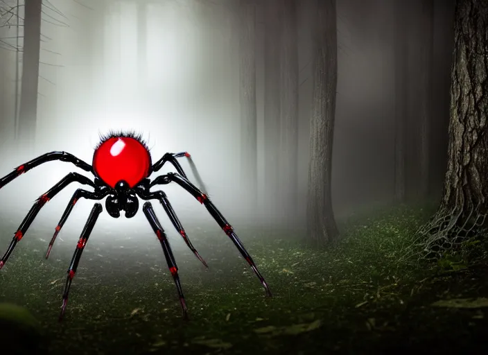 Image similar to white crystal clear spider with huge red eyes, in a foggy glowing forest. highly detailed 8 k. intricate. lifelike. soft light. fantasy horror style. cinematic post - processing, dof.