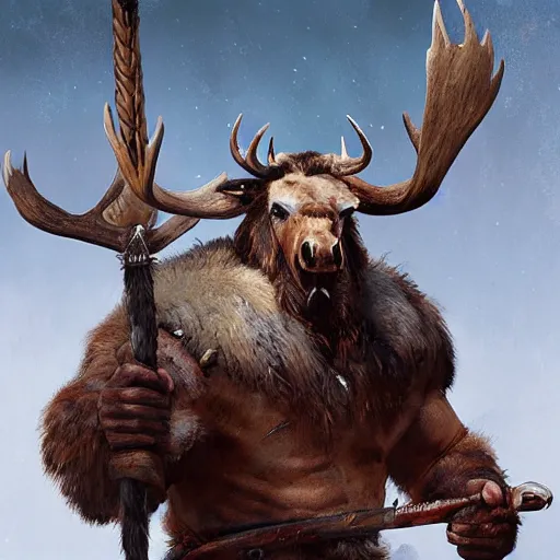 Image similar to hairy barbarian with moose head by greg rutkowski and mike winklemann