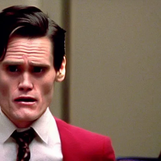 Prompt: cinematic shot of young jim carrey as phoenix wright in court