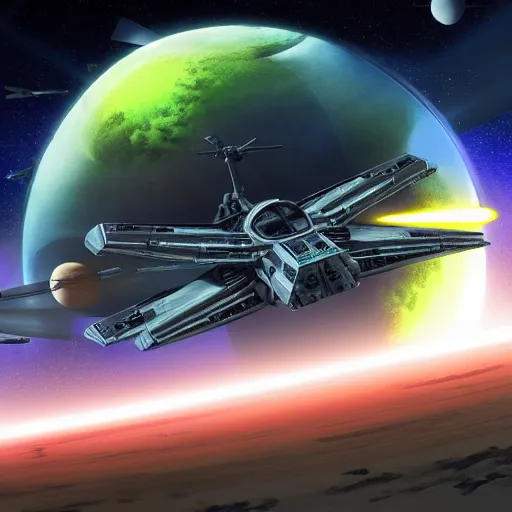 Image similar to horizon x wing space ship, tie fighters fighting in toxic green planet moon and stars in background hyper realistic, high definition cinematic