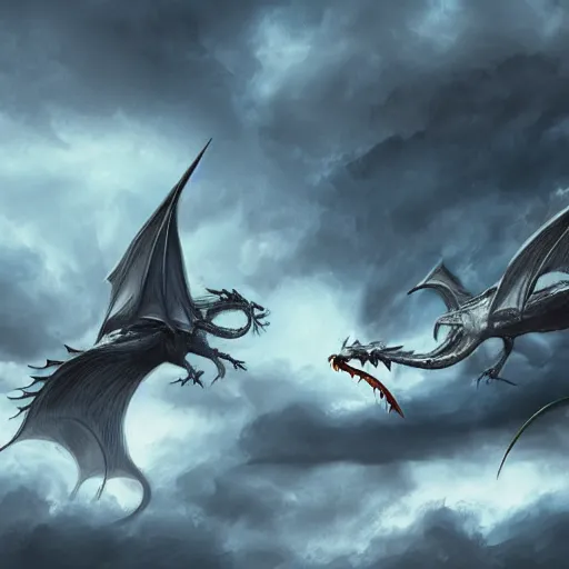 Prompt: a battle between two dragons in a stormy sky by David Villegas , trending on artstation