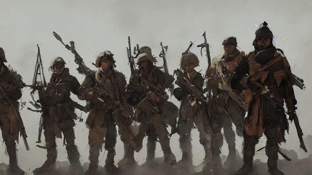 Prompt: people group of militia holding weapons, rule of thirds, papyrus, watercolored, jakub rozalski, dark colours, dieselpunk, artstation