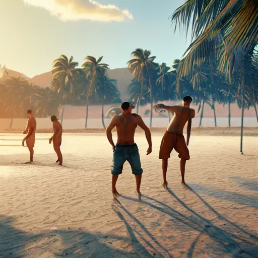 Prompt: 'dos hombres sin playera bailando en la playa de San Juan, golden hour, photorealistic, extreme detail, octane render, artstation, unreal engine'