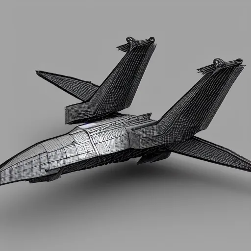 Prompt: a grey 3 d model of a greeble spaceship design on a black background, wings are pointed, cockpit is elaborate, tailfins angle sharply, you can see whole ship