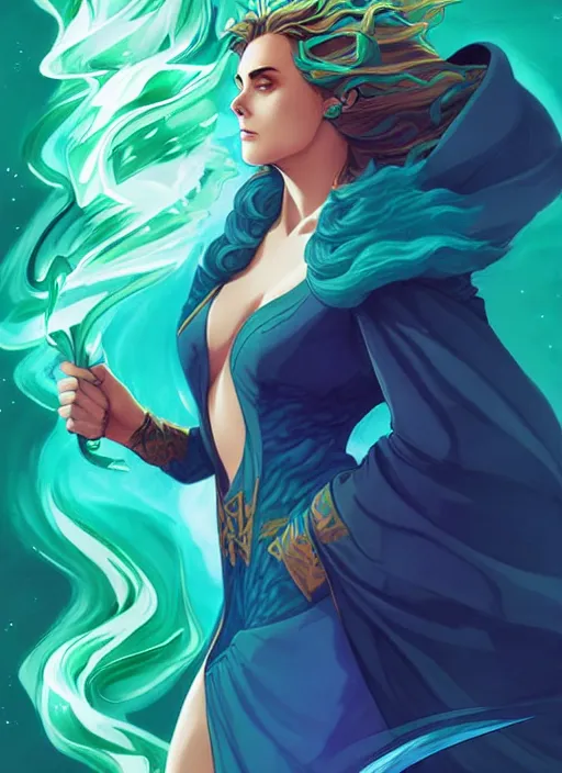 Prompt: style artgerm, joshua middleton, elizabeth hurley as a mage wearing green pelt robes, blue hair, swirling water cosmos, fantasy, dnd, cinematic lighting